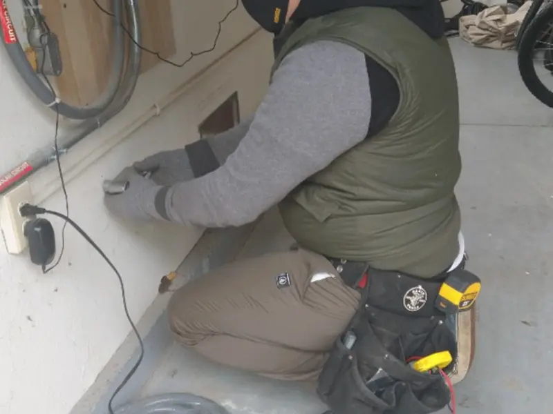 Electrician performing outlet wiring in a Hailey garage
